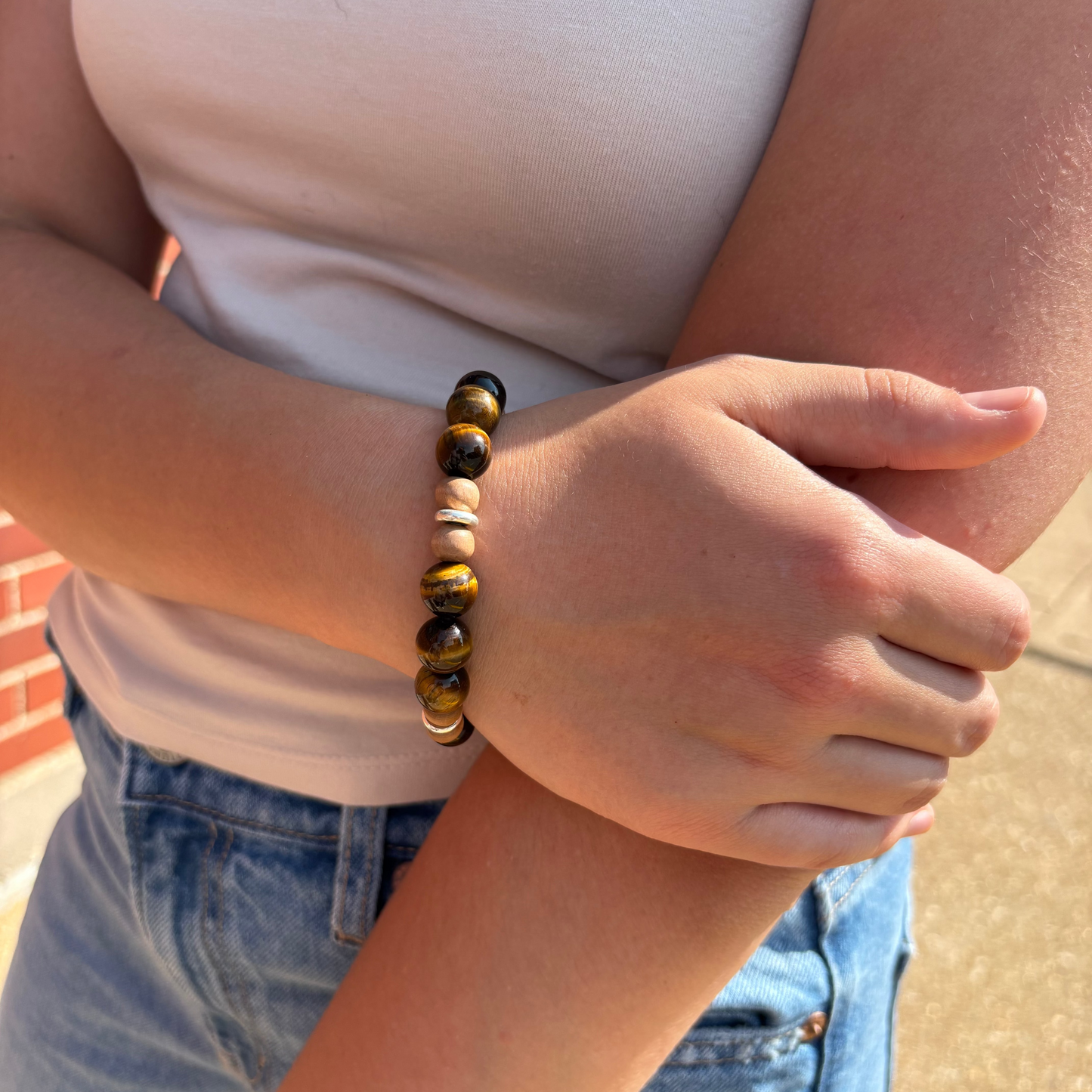 Tiger's Eye and Wood Beaded Bracelet