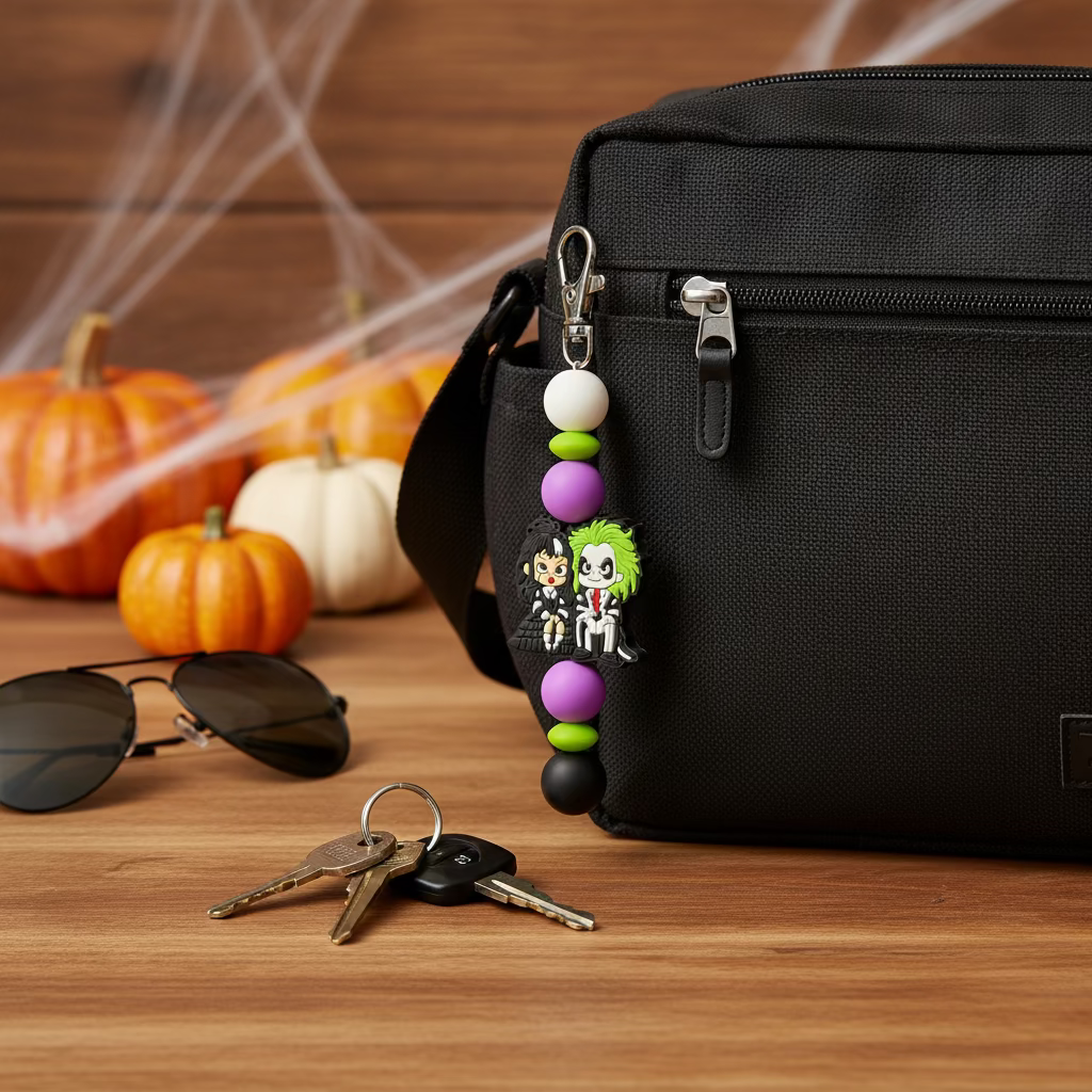 Beetlejuice-Inspired Silicone Beaded Keychain – Purple, Green & Black Halloween Keychain