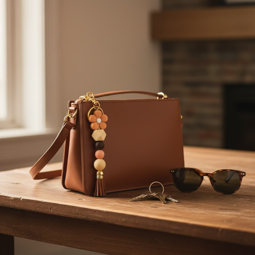 Boho Floral Silicone Beaded Keychain – Beige & Brown with Brown Tassel