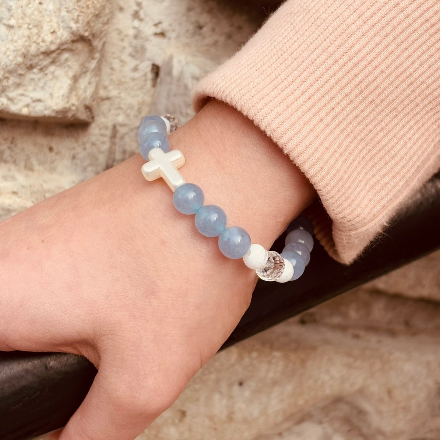 Blue Quartz Cross Beaded Bracelet