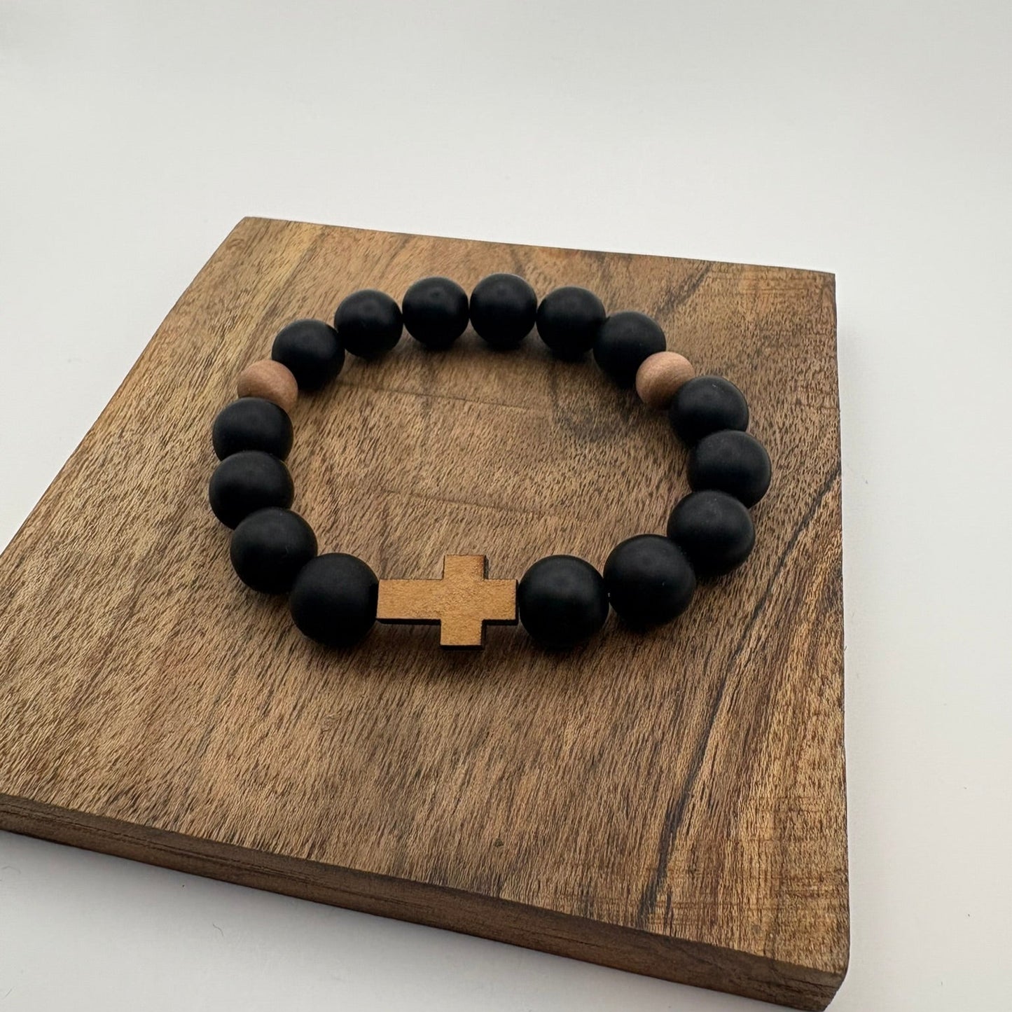 Black and Wood Cross Beaded Bracelet