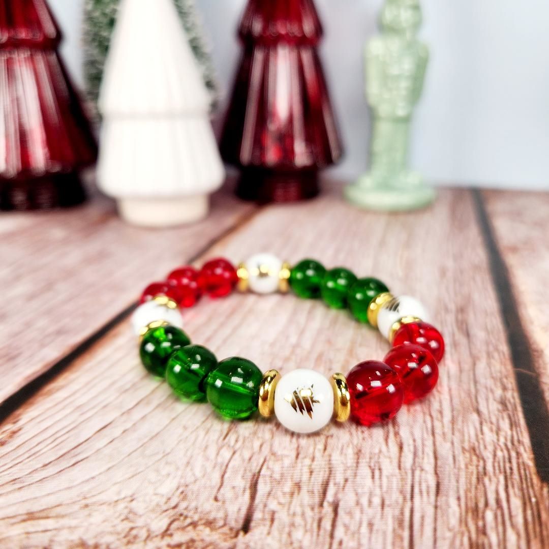 Red Green Gold Christmas Tree Beaded Bracelet