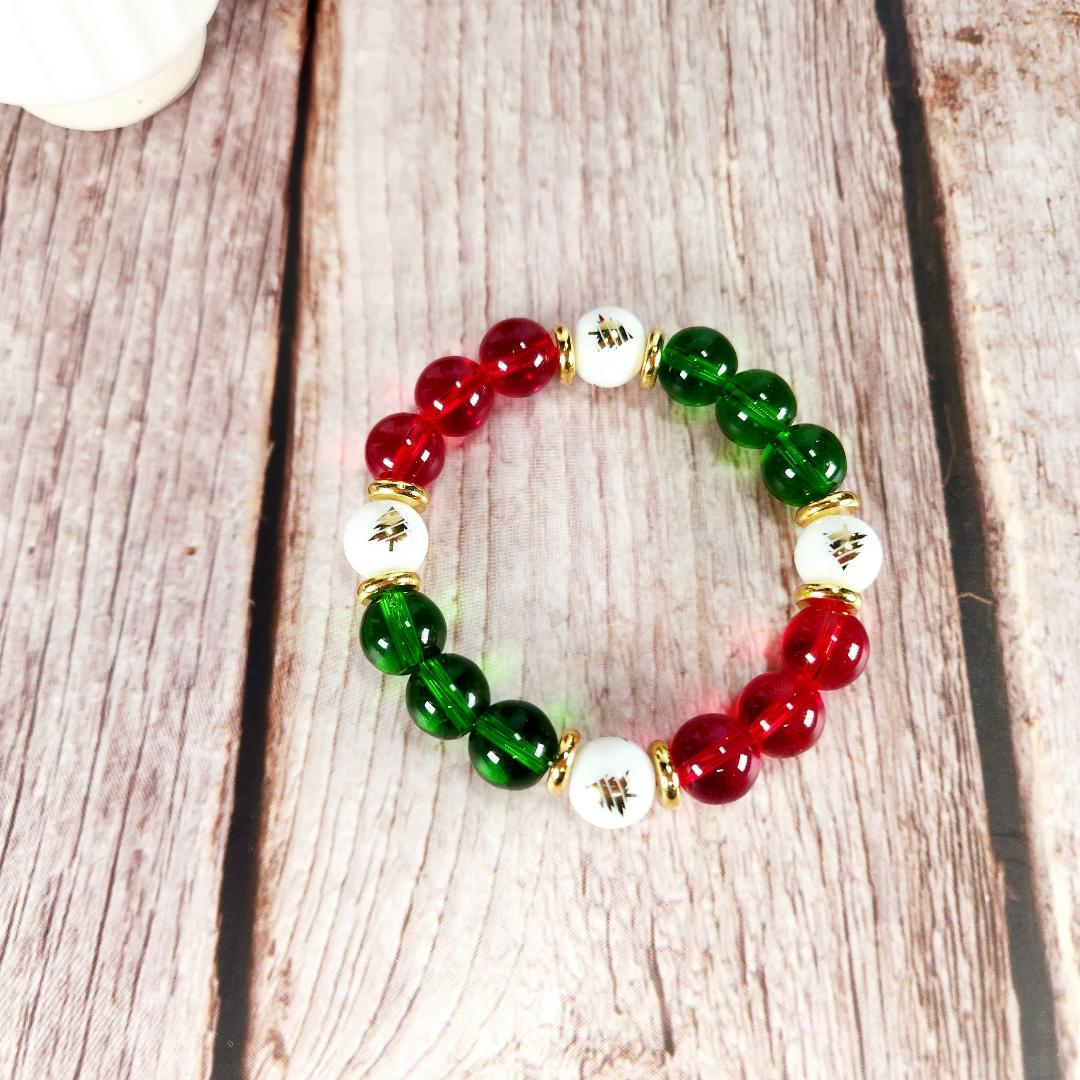 Red Green Gold Christmas Tree Beaded Bracelet
