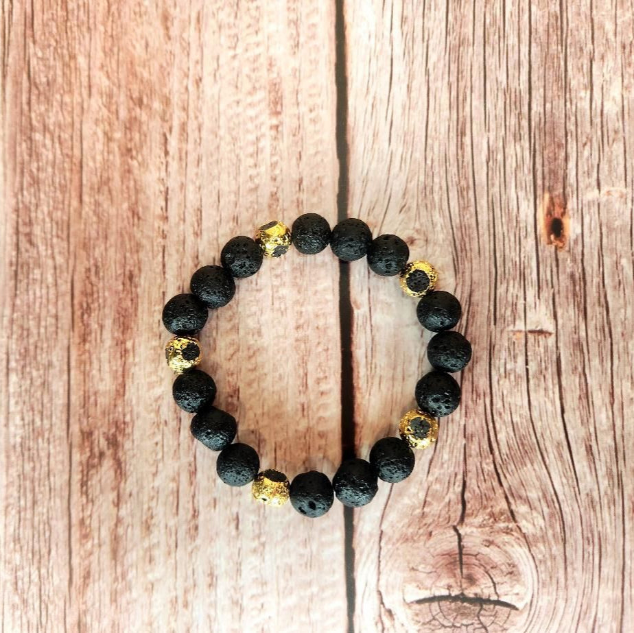 Black and Gold Lava Beaded Bracelet
