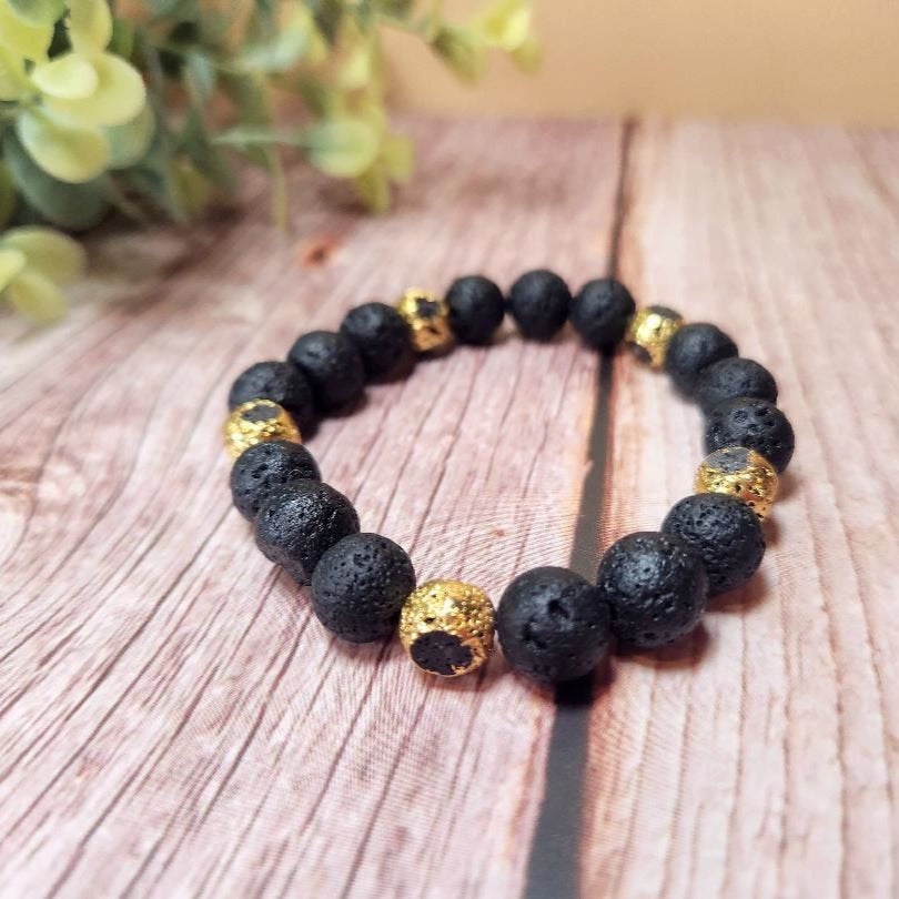 Black and Gold Lava Beaded Bracelet