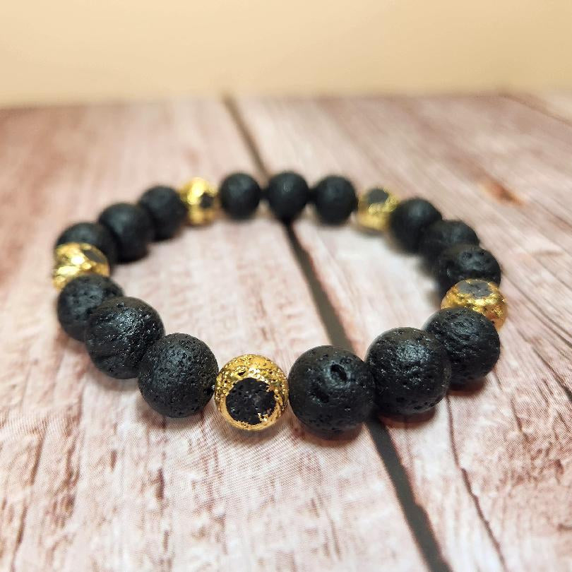 Black and Gold Lava Beaded Bracelet