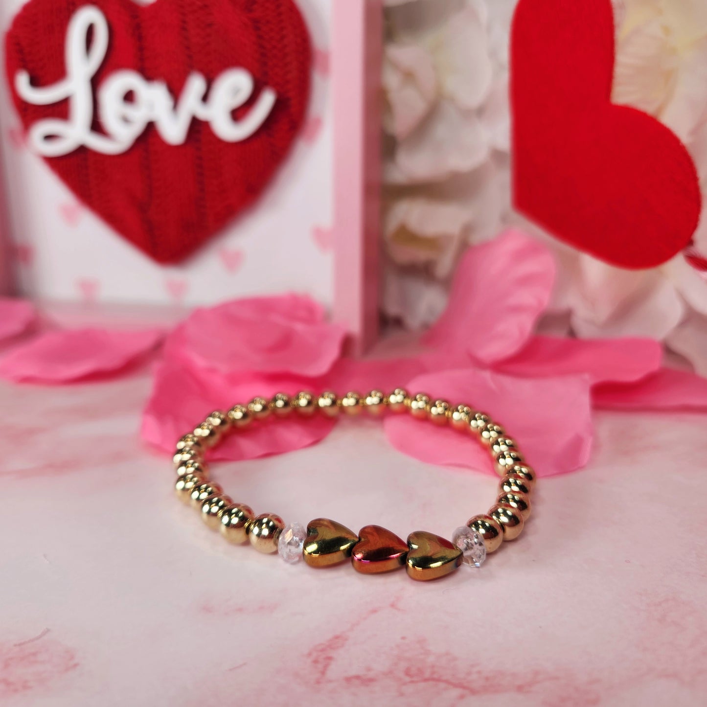 Three Heart Gold Beaded Bracelet