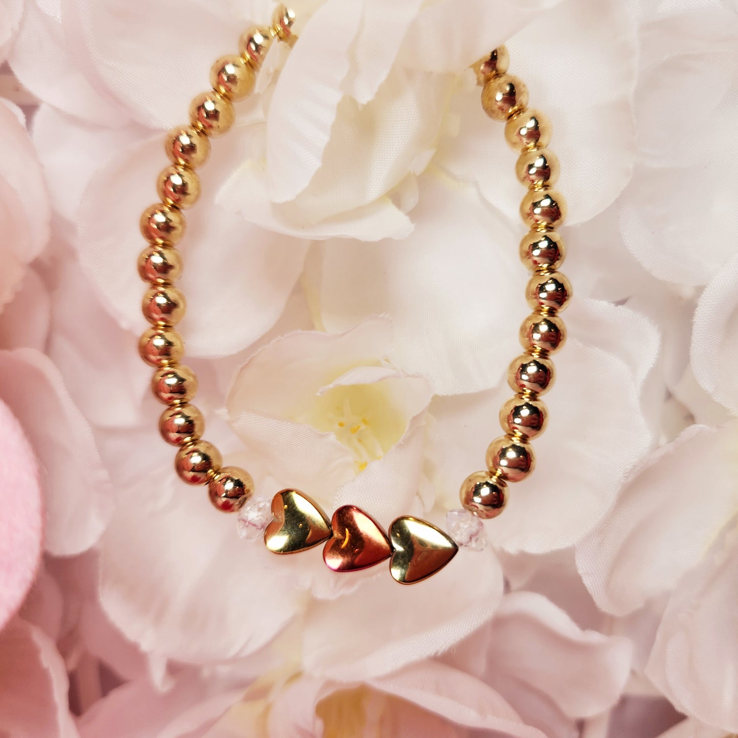 Three Heart Gold Beaded Bracelet