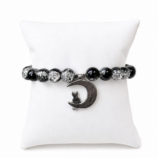 Cat on Moon Beaded Charm Bracelet