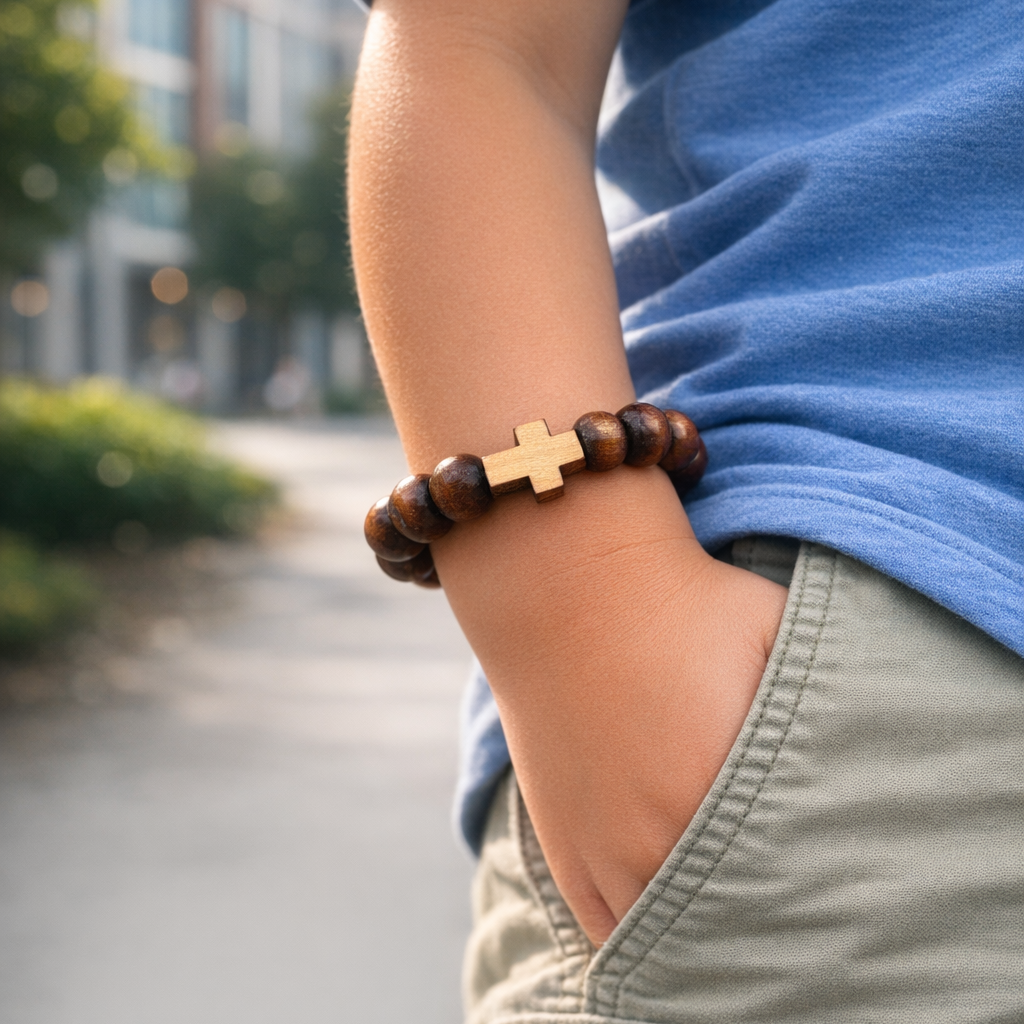 Wood Cross Beaded Bracelet
