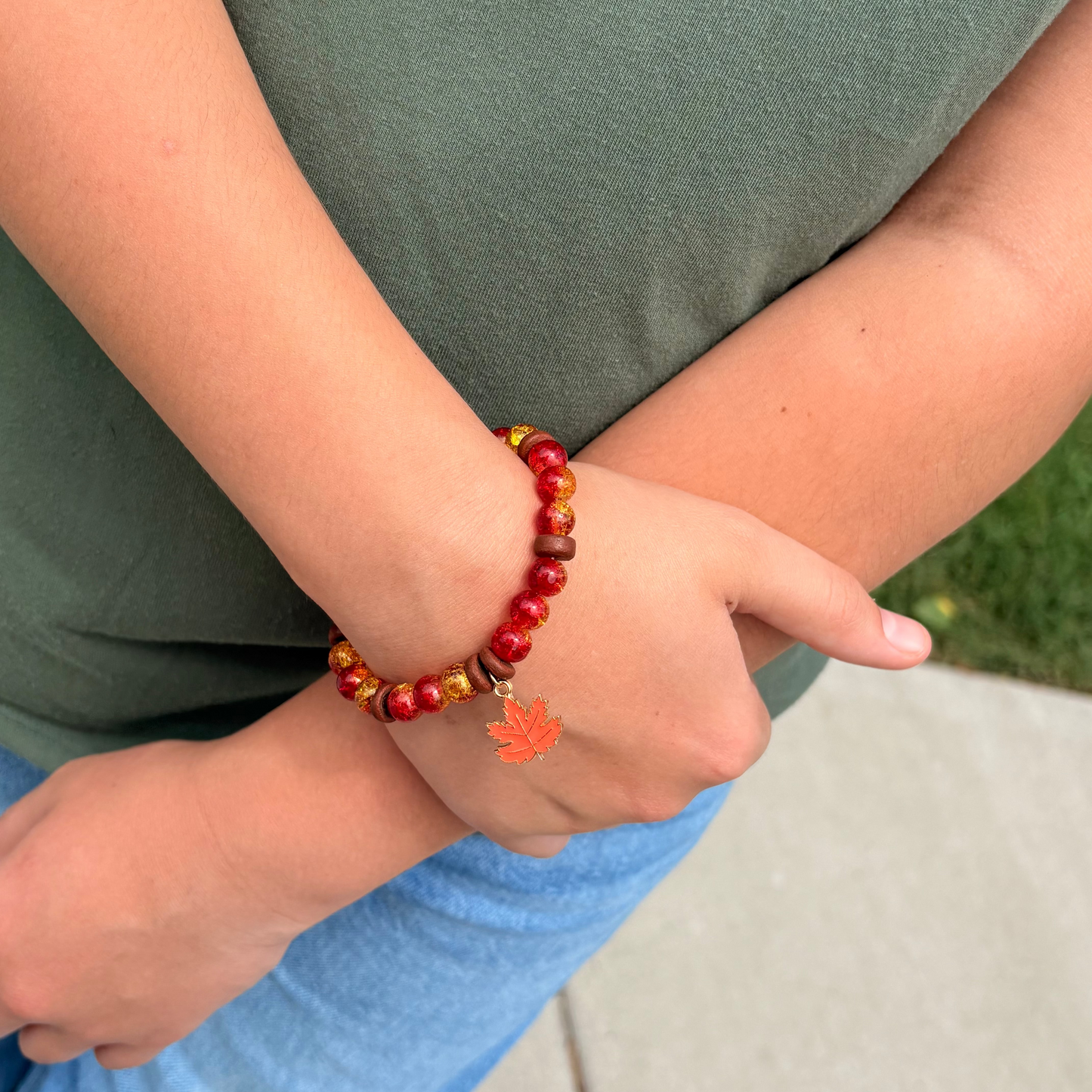 Fall Harvest Leave Charm Beaded Bracelet