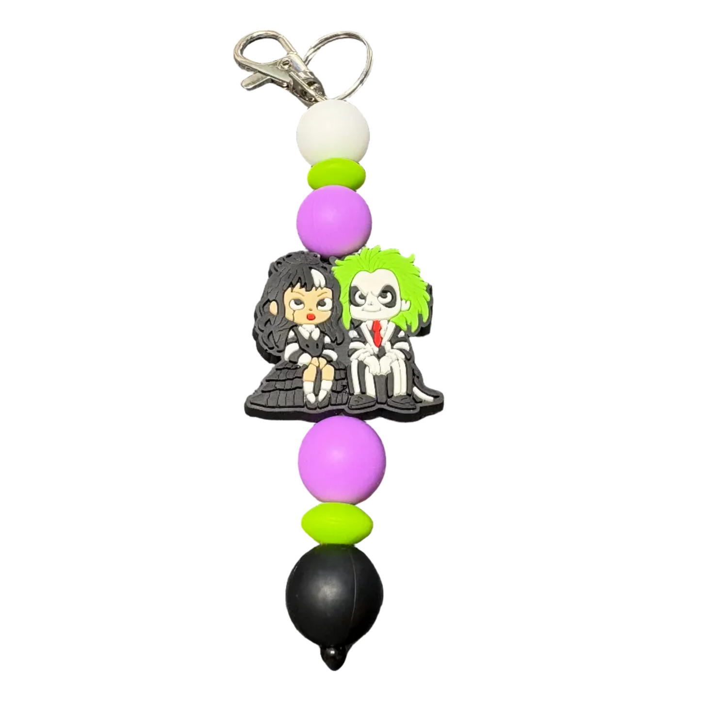 Beetlejuice-Inspired Silicone Beaded Keychain – Purple, Green & Black Halloween Keychain