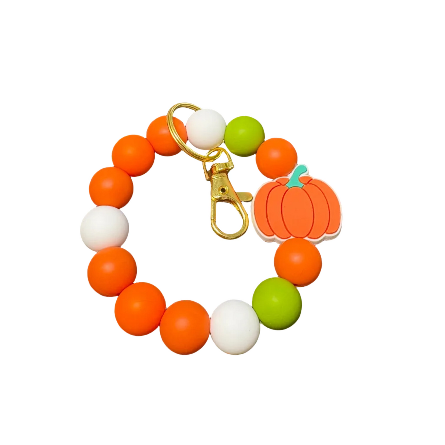 Fall Pumpkin Silicone Beaded Wristlet Keychain – Orange, Green & White