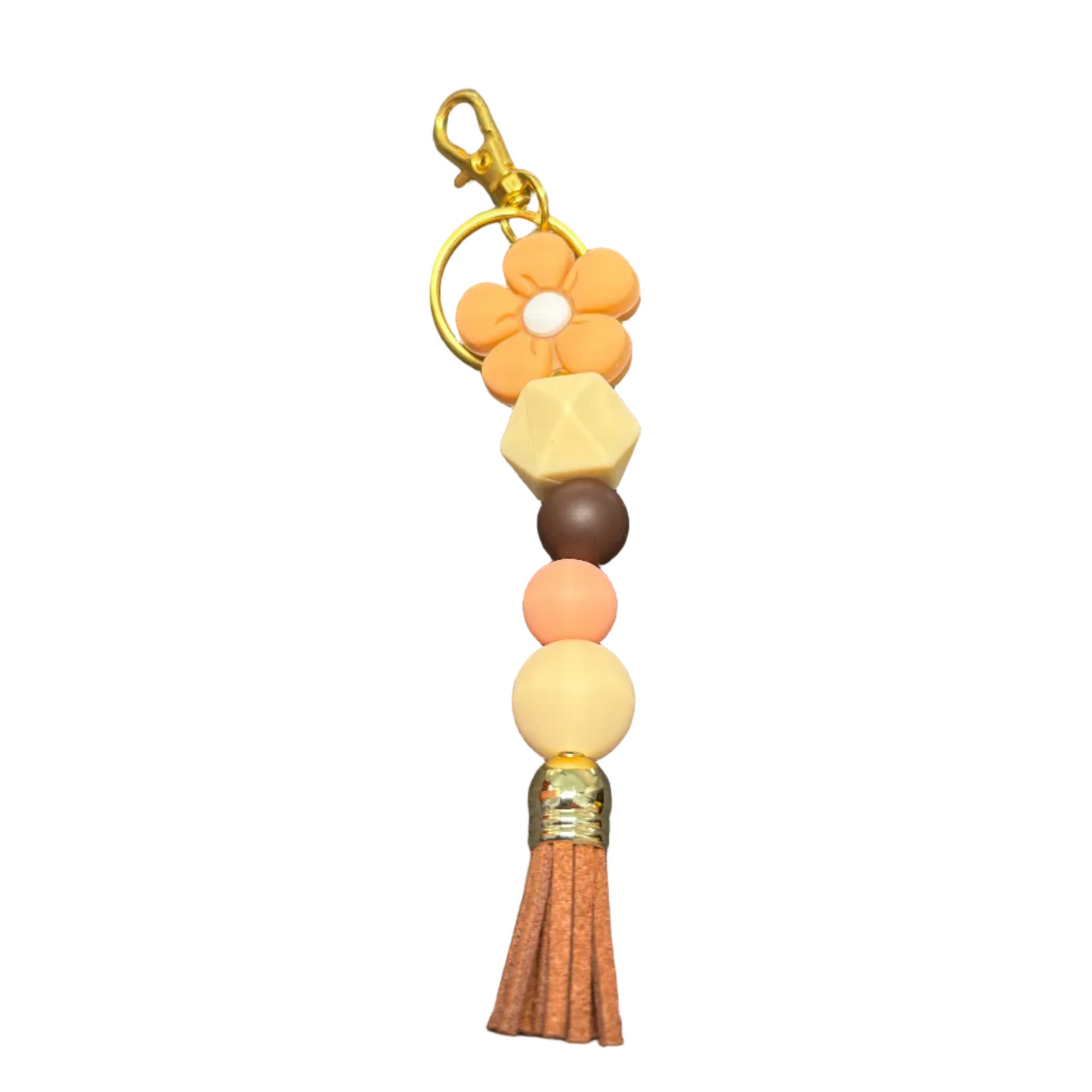 Boho Floral Silicone Beaded Keychain – Beige & Brown with Brown Tassel