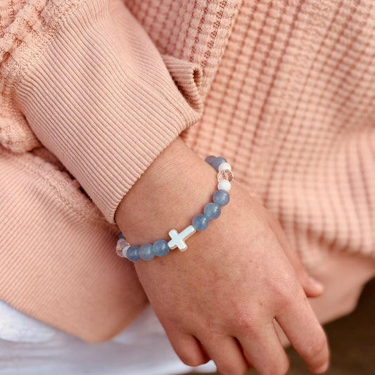 Blue Quartz Cross Beaded Bracelet