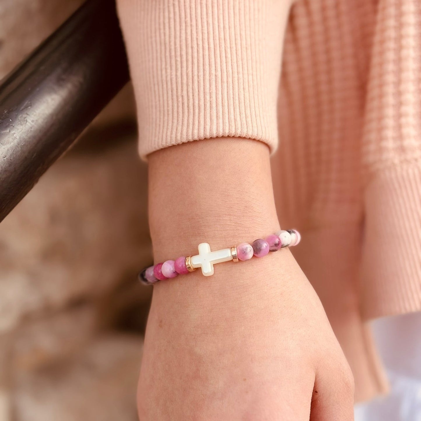 Pink Jade Cross Beaded Bracelet