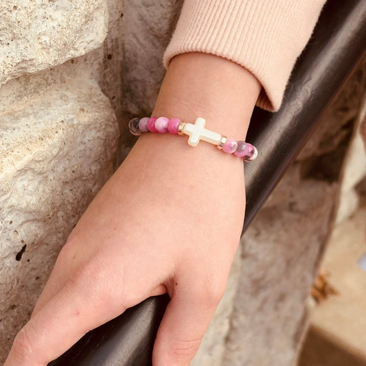 Pink Jade Cross Beaded Bracelet