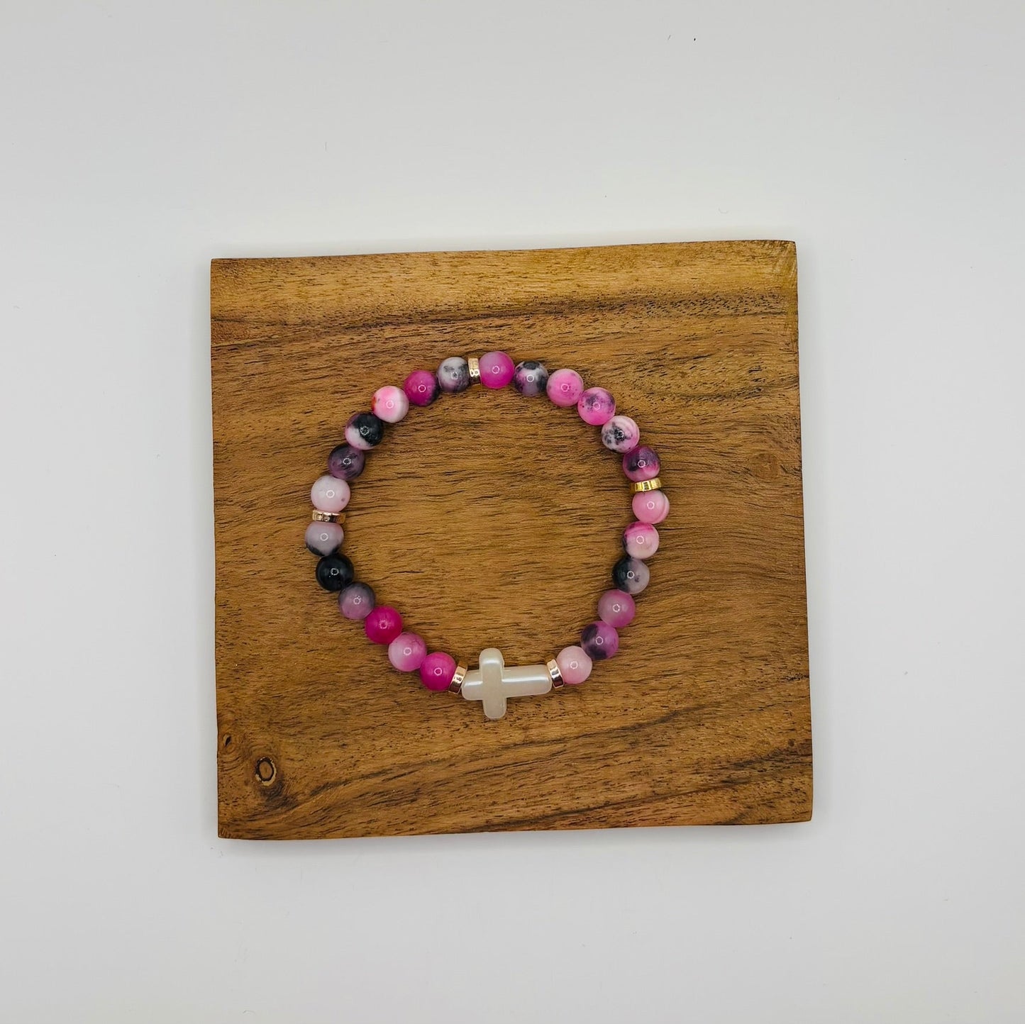 Pink Jade Cross Beaded Bracelet