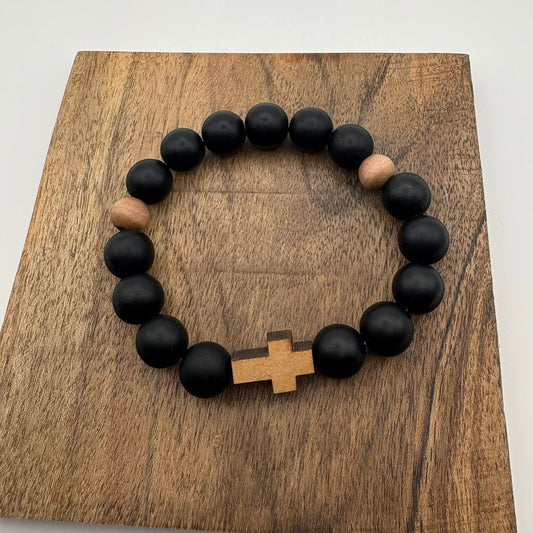 Black and Wood Cross Beaded Bracelet
