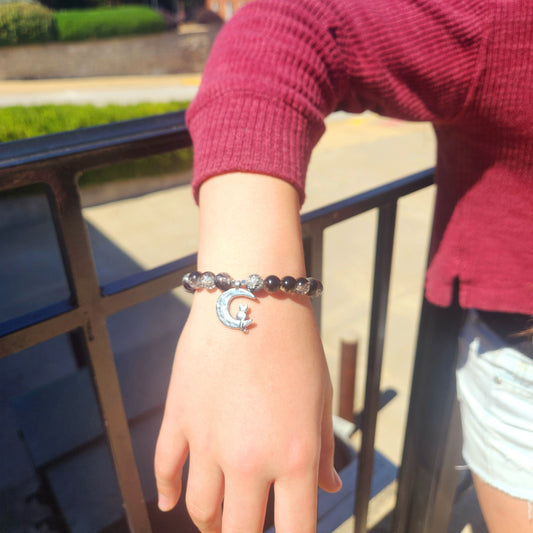 Cat on Moon Beaded Charm Bracelet