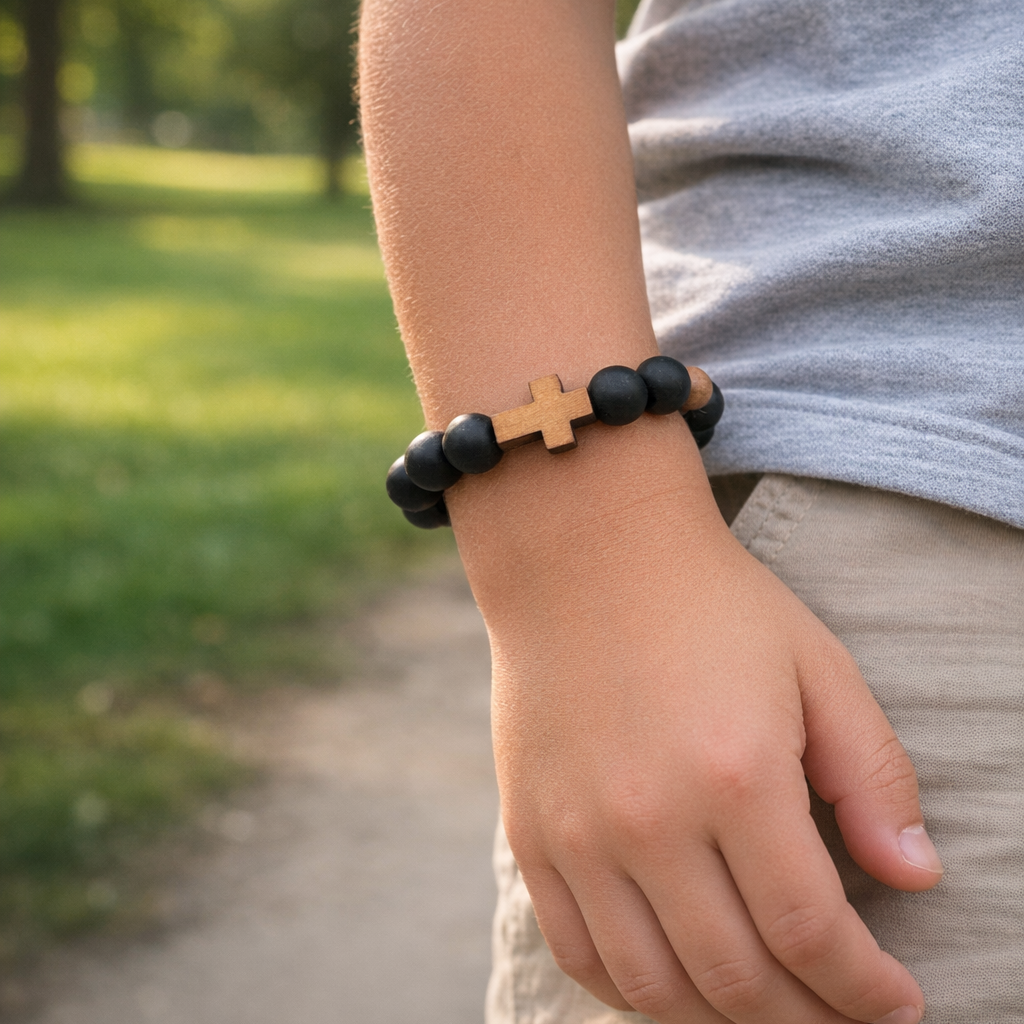 Black and Wood Cross Beaded Bracelet