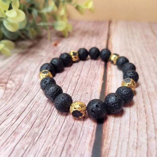 Black and Gold Lava Beaded Bracelet